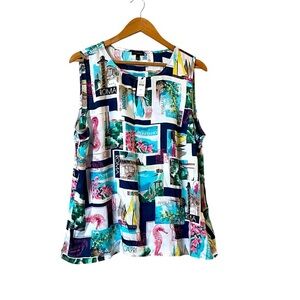 NWT TALBOTS $79 Italy Travel Postcard Print Bright Sleeveless Blouse / Shell XL